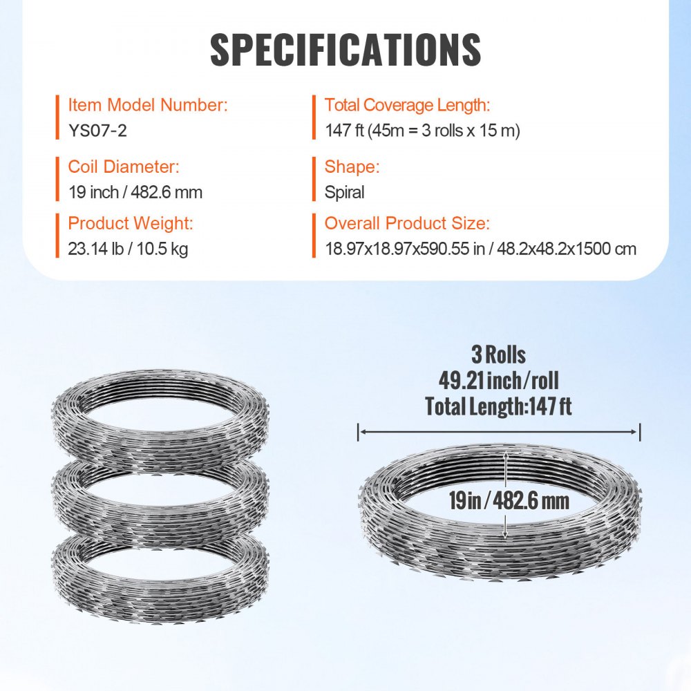 VEVOR Razor Wires, 147 ft Razor Barbed Wire, 3 Rolls Razor Wire Fencing Razor Fence, Razor Ribbon Barbed Wire Galvanized Razor Wire Fence, Rolls Razor for Garden