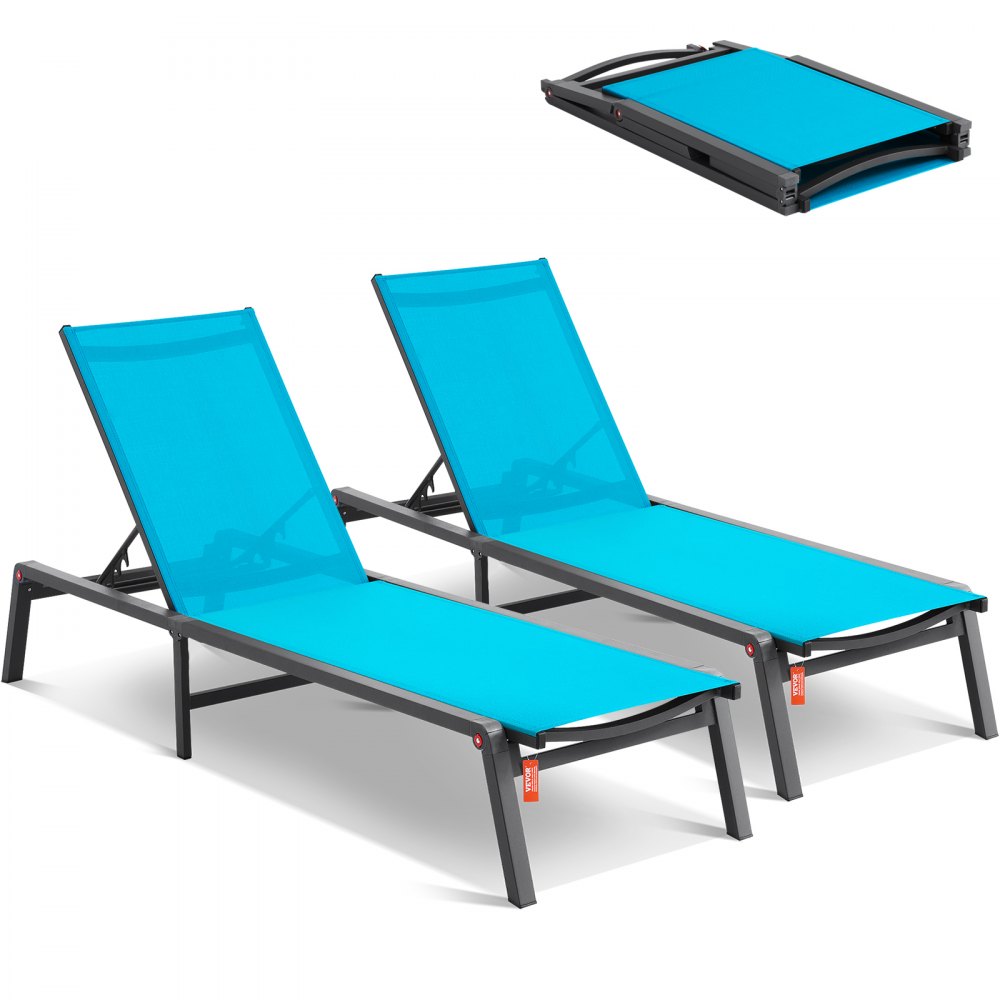 VEVOR Outdoor Chaise Lounge Chairs, Aluminium Patio Lounge Chairs met 5 Verstelbare Standen, Opvouwbare Zwembad Lounge Chairs, Ligstoelen voor Terras, Strand, Zwembad, Blauw, 2-Pack