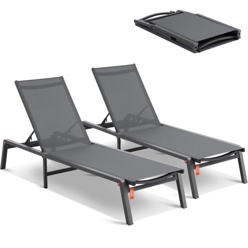 VEVOR Outdoor Chaise Lounge Chairs, Aluminium Patio Lounge Chairs met 5 Verstelbare Standen, Opvouwbare Zwembad Lounge Chairs, Ligstoelen voor Terras, Strand, Zwembad, Ligstoelen met Ligstoelen, Volledig Vlakke Ligstoelen, Donkergrijs, 2-Pack