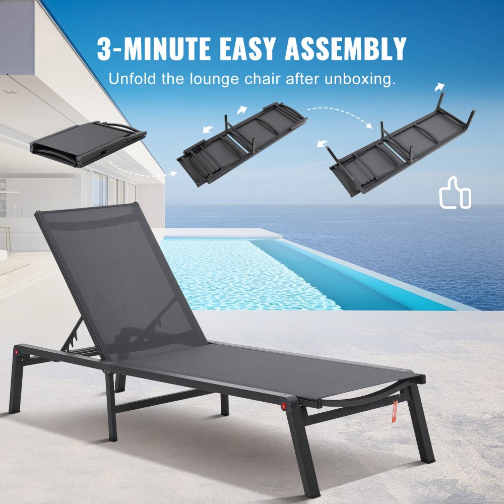 VEVOR Outdoor Chaise Lounge Chairs, Aluminium Patio Lounge Chairs met 5 Verstelbare Standen, Opvouwbare Zwembad Lounge Chairs, Ligstoelen voor Terras, Strand, Zwembad, Ligstoelen met Ligstoelen, Volledig Vlakke Ligstoelen, Donkergrijs, 2-Pack