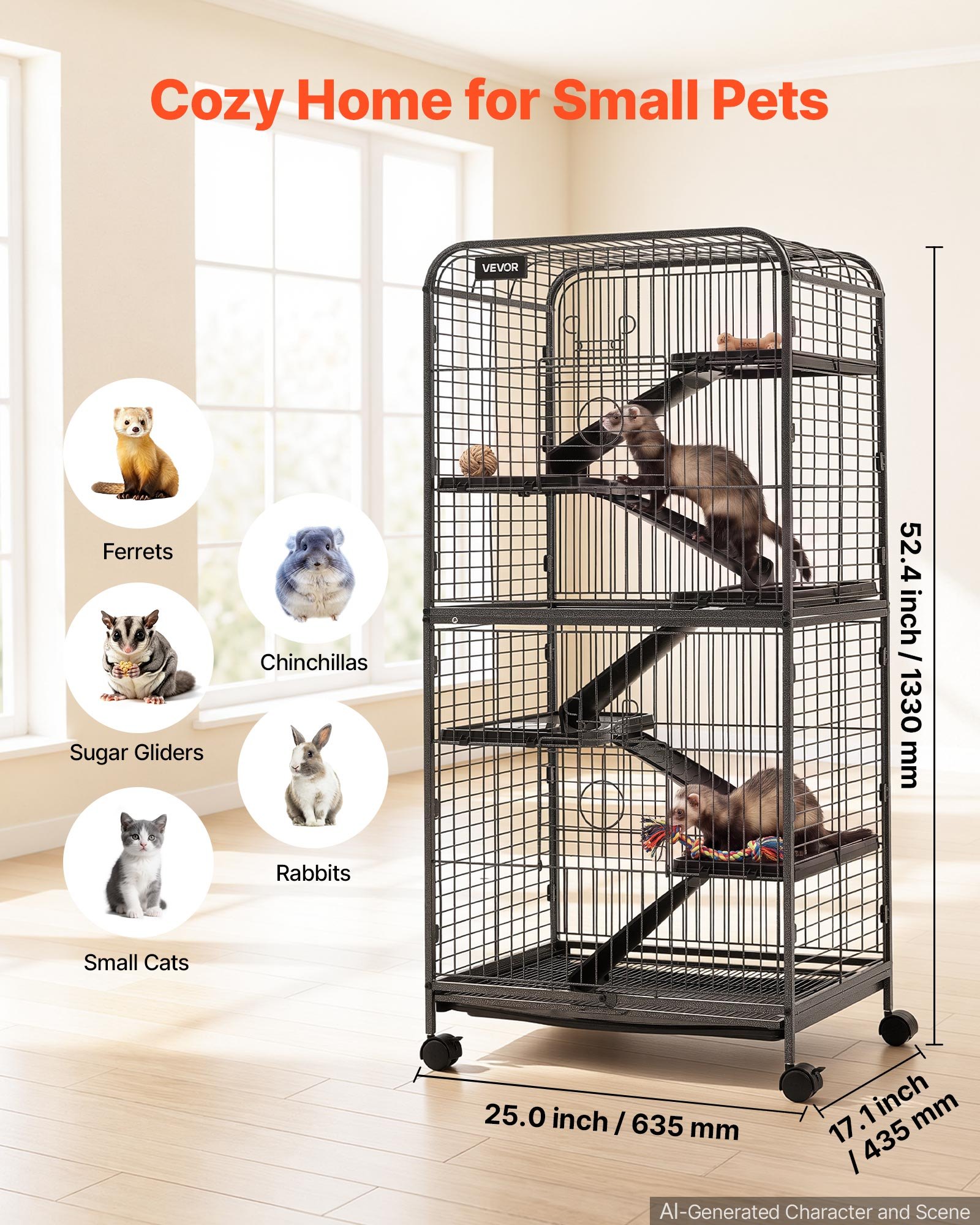 VEVOR Kleine Dierenkooi Frettenkooi Kleine Dierenverblijf 635x435x1330 mm, Fretten Chinchilla's Vliegende Eekhoorns Kleine Katten & Konijnen 6 Verdiepingen 25,4 mm Draadafstand Vergrendelbare Zwenkwielen