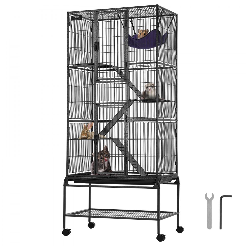 VEVOR ferret cage with multiple levels, ramps, a hammock, and included assembly tools on wheels.