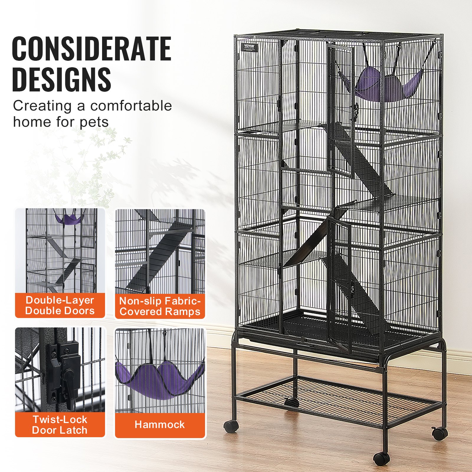 VEVOR 69" Rolling Metal Ferret Cage, Large 4-Tier Cage, Small Animal Cage with Ramps & Tray, Easy to Set up for Pet Rats, Hamster, Guinea Pig, Chinchilla, Squirrel, Hedgehogs, Bunny