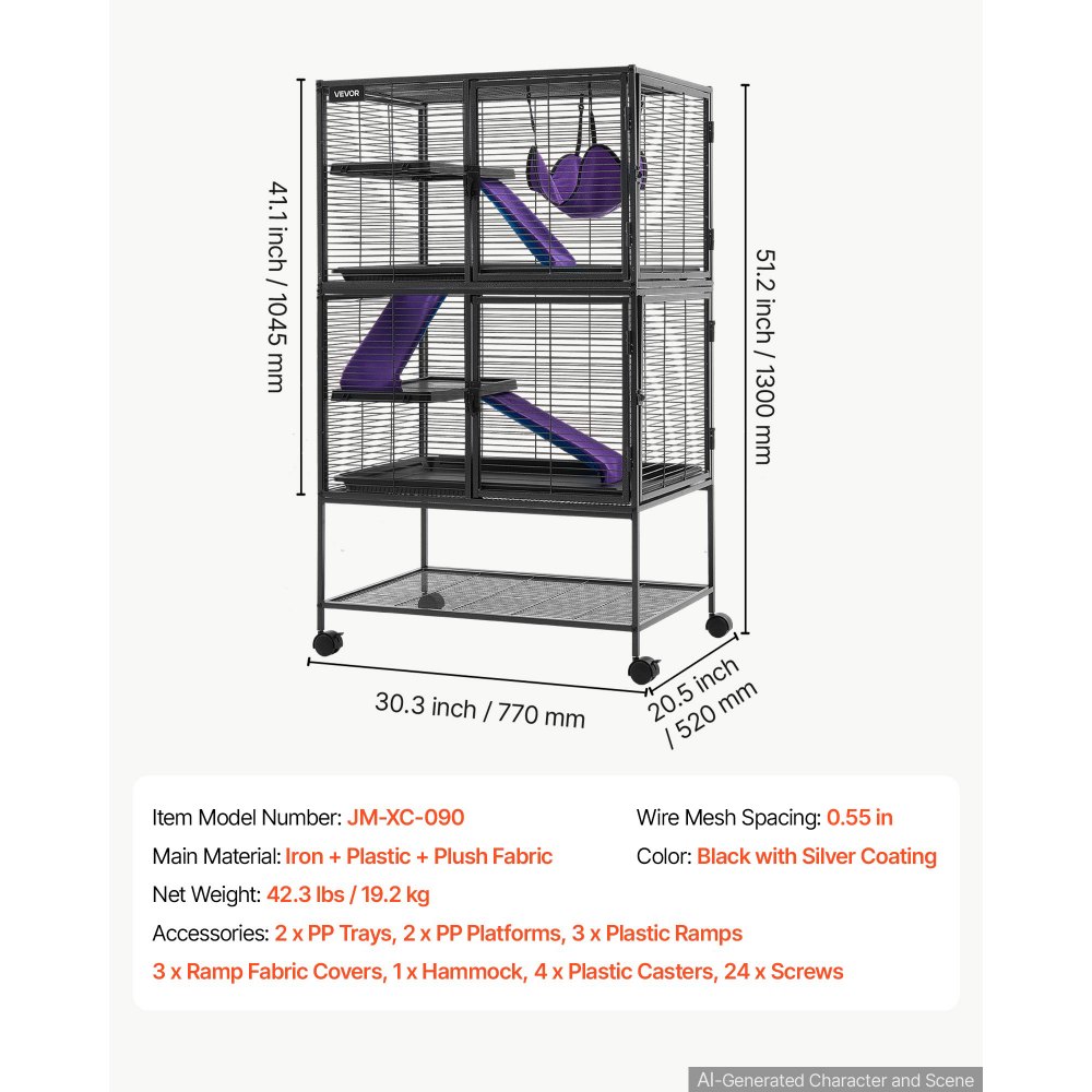 VEVOR Kleine Dierenkooi, Metalen Frettenkooi, Verblijf voor Kleine Dieren, 77x52x130 cm, voor Fretten, Chinchilla's, Vliegende Eekhoorns, Cavia's & Konijnen, 4 Verdiepingen, Draadafstand 13,97 mm, Vergrendelbare Zwenkwielen