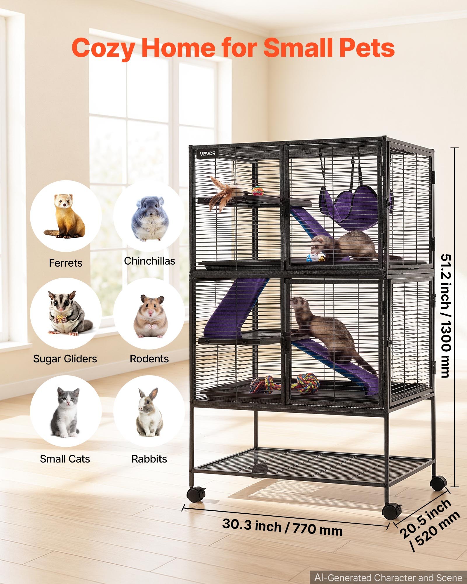 VEVOR Kleine Dierenkooi, Metalen Frettenkooi, Verblijf voor Kleine Dieren, 77x52x130 cm, voor Fretten, Chinchilla's, Vliegende Eekhoorns, Cavia's & Konijnen, 4 Verdiepingen, Draadafstand 13,97 mm, Vergrendelbare Zwenkwielen