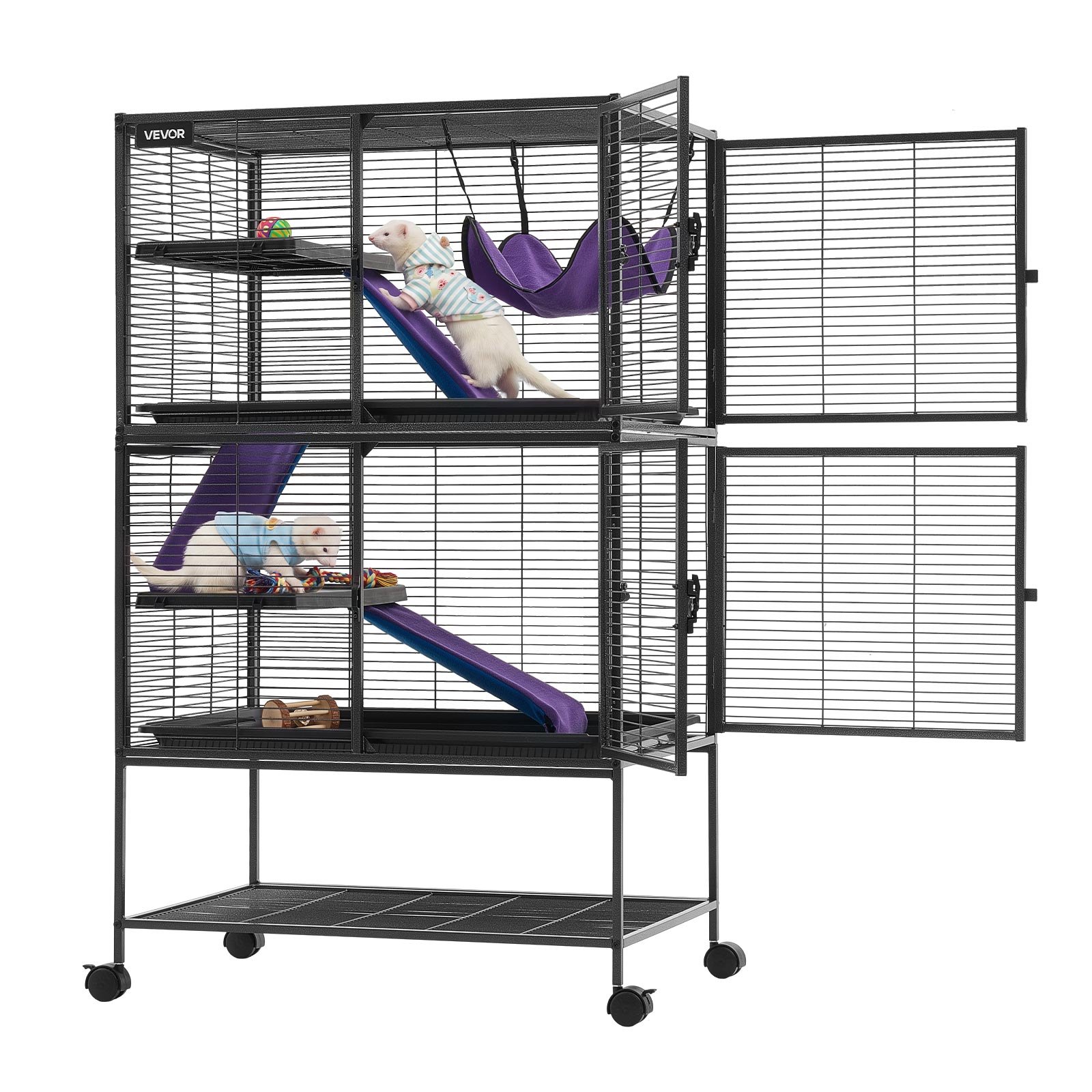 VEVOR Kleine Dierenkooi, Metalen Frettenkooi, Verblijf voor Kleine Dieren, 77x52x130 cm, voor Fretten, Chinchilla's, Vliegende Eekhoorns, Cavia's & Konijnen, 4 Verdiepingen, Draadafstand 13,97 mm, Vergrendelbare Zwenkwielen