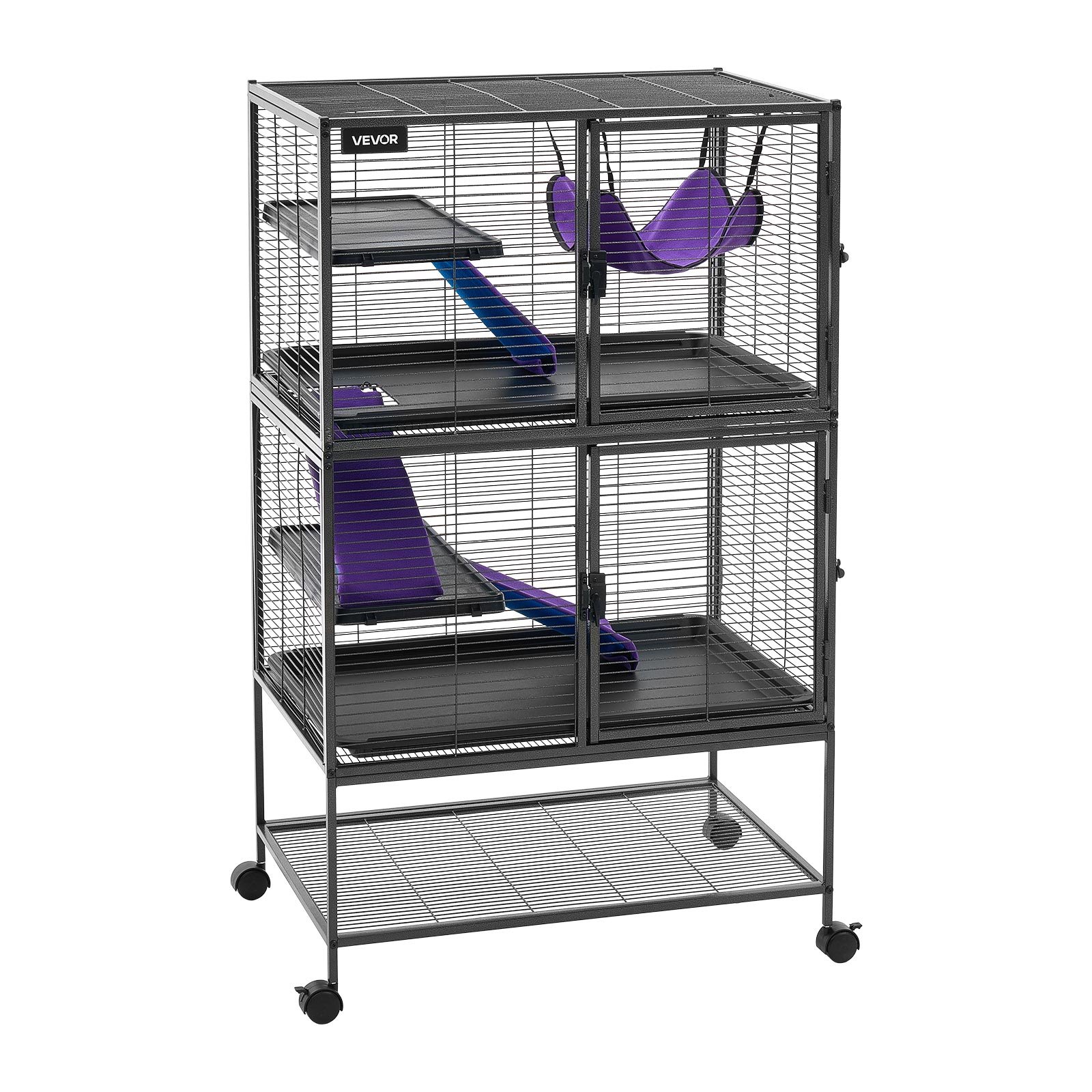 VEVOR Kleine Dierenkooi, Metalen Frettenkooi, Verblijf voor Kleine Dieren, 77x52x130 cm, voor Fretten, Chinchilla's, Vliegende Eekhoorns, Cavia's & Konijnen, 4 Verdiepingen, Draadafstand 13,97 mm, Vergrendelbare Zwenkwielen