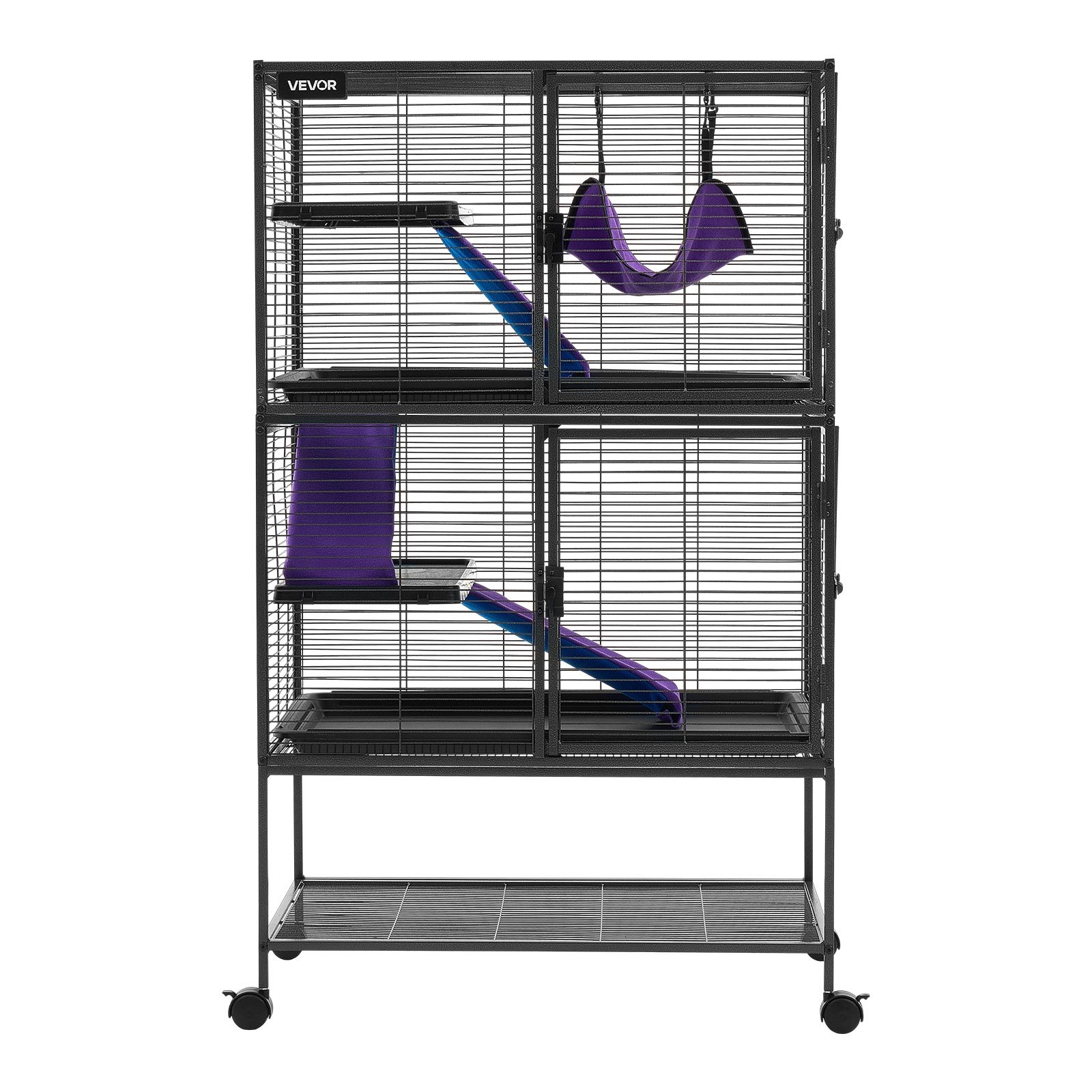 VEVOR Kleine Dierenkooi, Metalen Frettenkooi, Verblijf voor Kleine Dieren, 77x52x130 cm, voor Fretten, Chinchilla's, Vliegende Eekhoorns, Cavia's & Konijnen, 4 Verdiepingen, Draadafstand 13,97 mm, Vergrendelbare Zwenkwielen