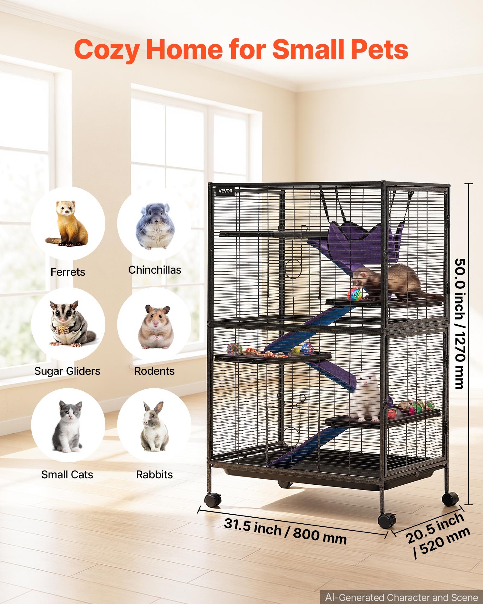 VEVOR Kleine Dierenkooi, Metalen Frettenkooi, Verblijf voor Kleine Dieren, 80x52x127 cm, voor Fretten, Chinchilla's, Vliegende Eekhoorns, Cavia's & Konijnen, 5 Verdiepingen, Draadafstand 13,97 mm, Vergrendelbare Zwenkwielen