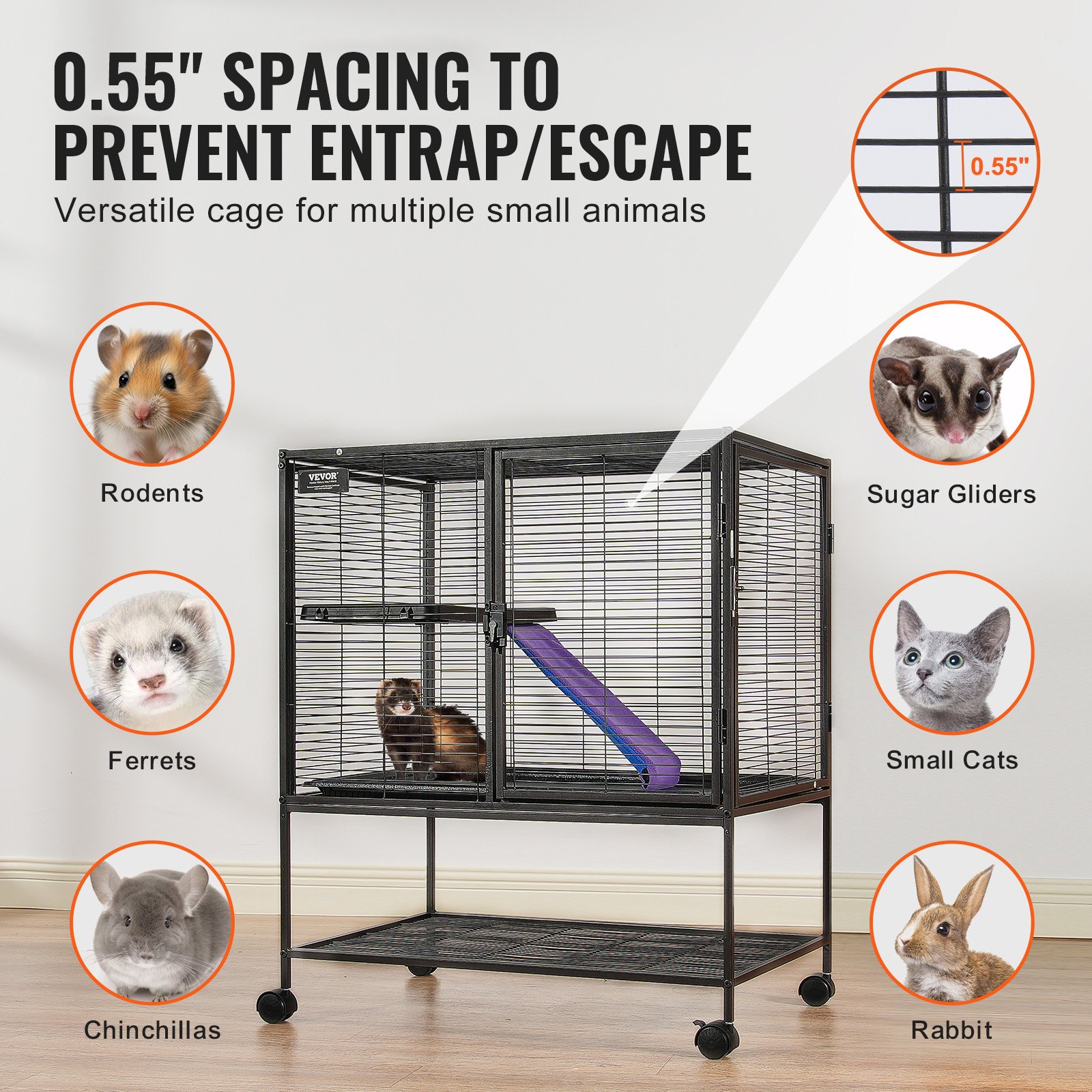 VEVOR 36" metalen frettenkooi, grote Critter Nation-kooi met twee lagen, kooi voor kleine dieren met hellingen en lade, eenvoudig te monteren voor ratten, hamsters, cavia's, chinchilla's, eekhoorns, egels en konijnen
