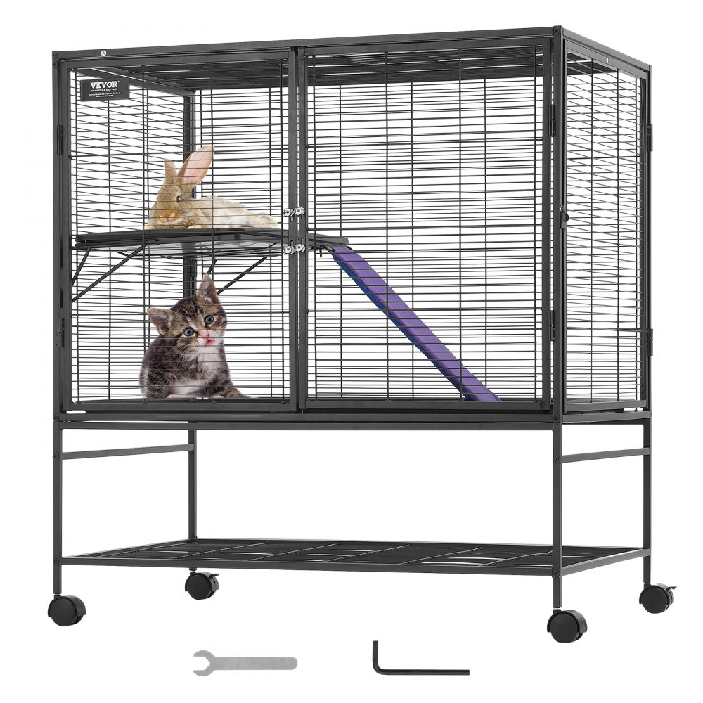 VEVOR ferret cage with ramp, bunny and kitten inside, on a stand with wheels, includes tools.