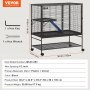 black VEVOR ferret cage with shelves, ladder, and caster wheels shown with assembly tools and dimensions.