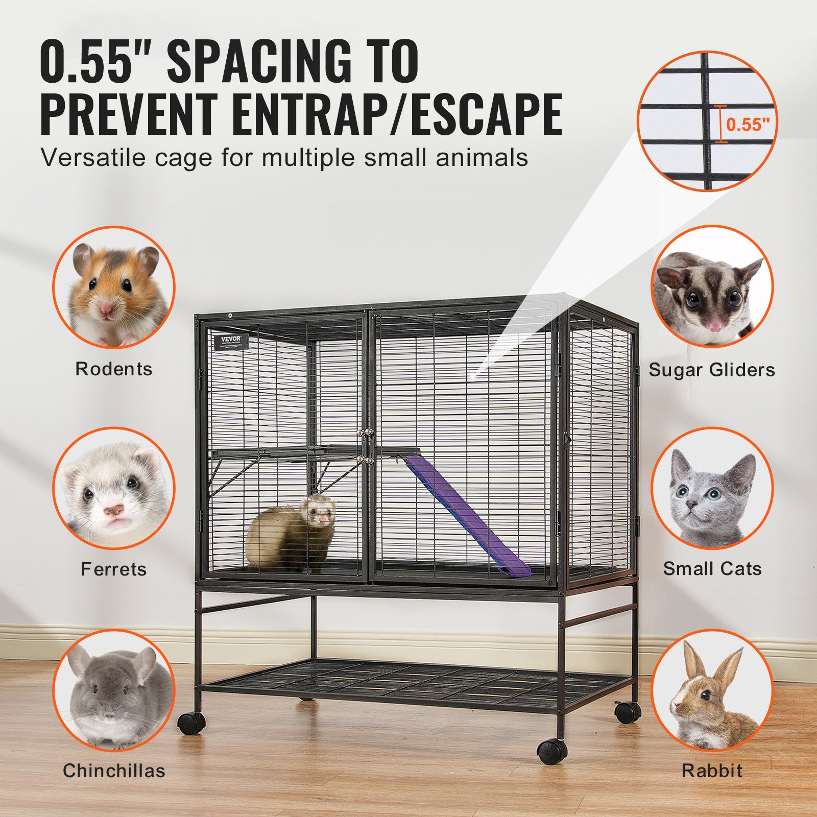VEVOR 39" Rolling Metal Ferret Cage, Large 2-Tier Cage, Small Animal Cage with Ramps & Tray, Easy to Set up for Pet Rats, Hamster, Guinea Pig, Chinchilla, Squirrel, Hedgehogs, Bunny