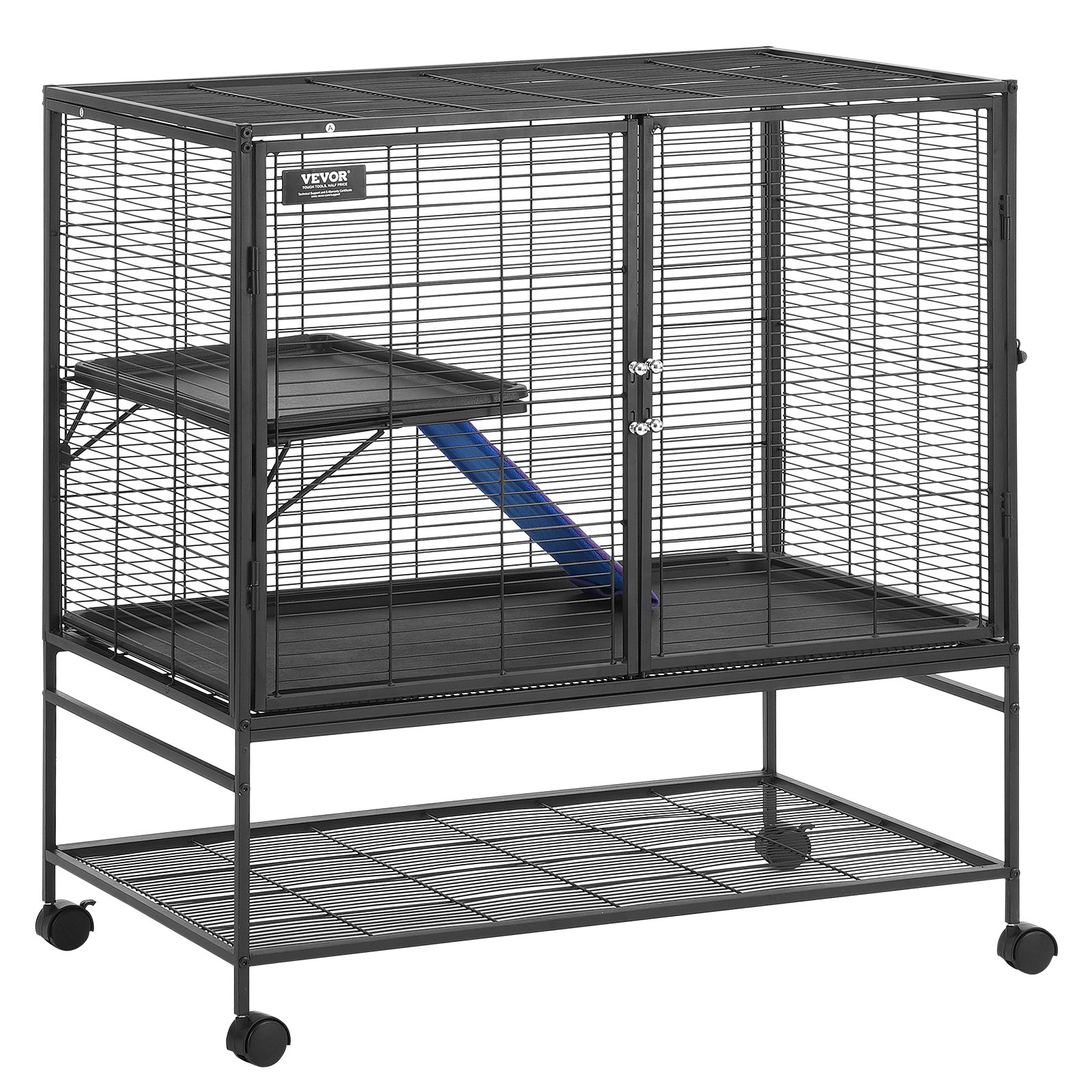 VEVOR 39" Rolling Metal Ferret Cage, Large 2-Tier Cage, Small Animal Cage with Ramps & Tray, Easy to Set up for Pet Rats, Hamster, Guinea Pig, Chinchilla, Squirrel, Hedgehogs, Bunny