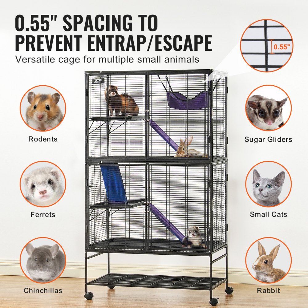 VEVOR 64.6" Rolling Metal Ferret Cage, Large 4-Tier Cage, Small Animal Cage with Ramps & Tray, Easy to Set up for Pet Rats, Hamster, Guinea Pig, Chinchilla, Squirrel, Hedgehogs, Bunny