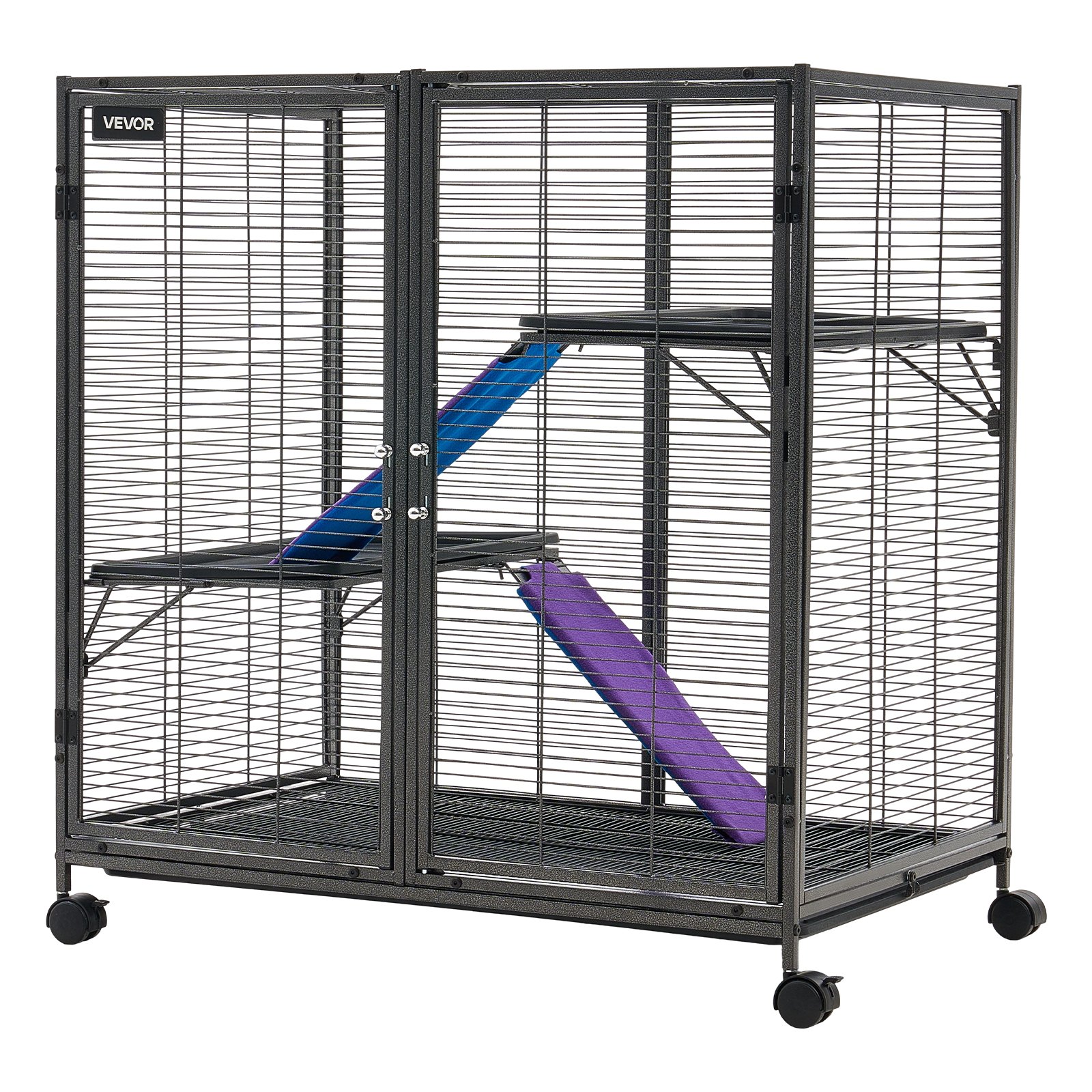 VEVOR Kleine Dierenkooi, Metalen Frettenkooi, Verblijf voor Kleine Dieren, 90x58x96 cm, voor Fretten, Chinchilla's, Vliegende Eekhoorns, Cavia's & Konijnen, 3 Verdiepingen, 13,97 mm Draadafstand, Vergrendelbare Zwenkwielen