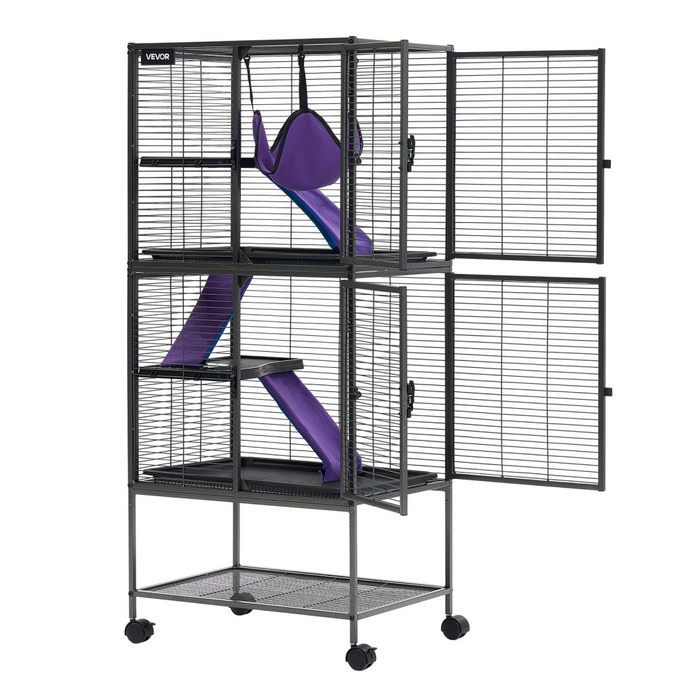 VEVOR Kleine Dierenkooi, Metalen Frettenkooi, Verblijf voor Kleine Dieren, 61x44x138 cm, voor Fretten, Chinchilla's, Vliegende Eekhoorns, Cavia's & Konijnen, 4 Verdiepingen, Draadafstand 13,97 mm, Vergrendelbare Zwenkwielen