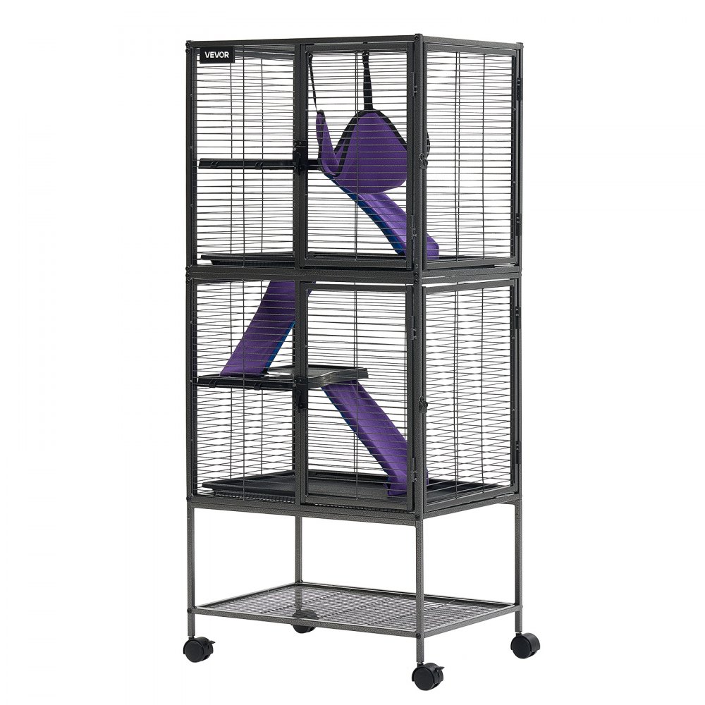 VEVOR Kleine Dierenkooi, Metalen Frettenkooi, Verblijf voor Kleine Dieren, 61x44x138 cm, voor Fretten, Chinchilla's, Vliegende Eekhoorns, Cavia's & Konijnen, 4 Verdiepingen, Draadafstand 13,97 mm, Vergrendelbare Zwenkwielen