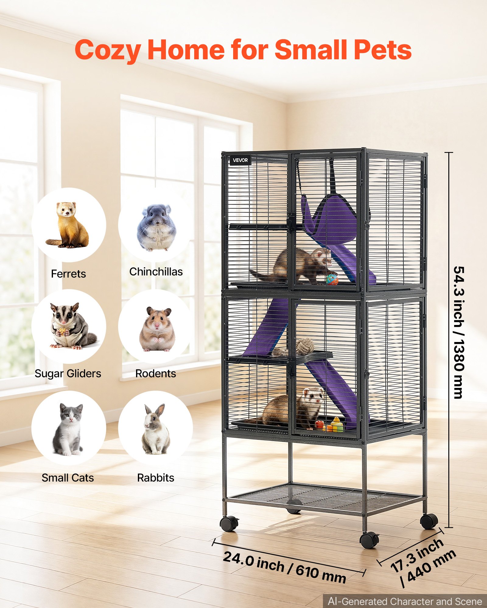 VEVOR Kleine Dierenkooi, Metalen Frettenkooi, Verblijf voor Kleine Dieren, 61x44x138 cm, voor Fretten, Chinchilla's, Vliegende Eekhoorns, Cavia's & Konijnen, 4 Verdiepingen, Draadafstand 13,97 mm, Vergrendelbare Zwenkwielen