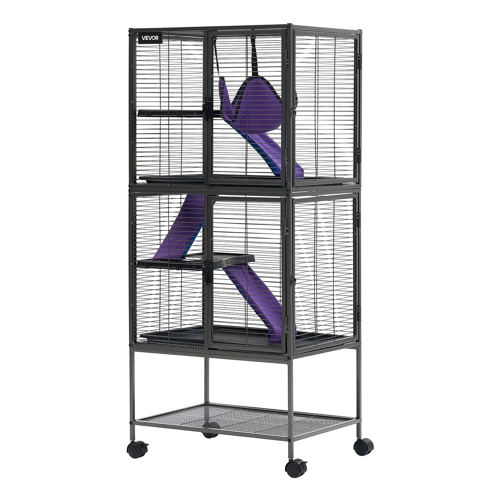 VEVOR Kleine Dierenkooi, Metalen Frettenkooi, Verblijf voor Kleine Dieren, 61x44x138 cm, voor Fretten, Chinchilla's, Vliegende Eekhoorns, Cavia's & Konijnen, 4 Verdiepingen, Draadafstand 13,97 mm, Vergrendelbare Zwenkwielen