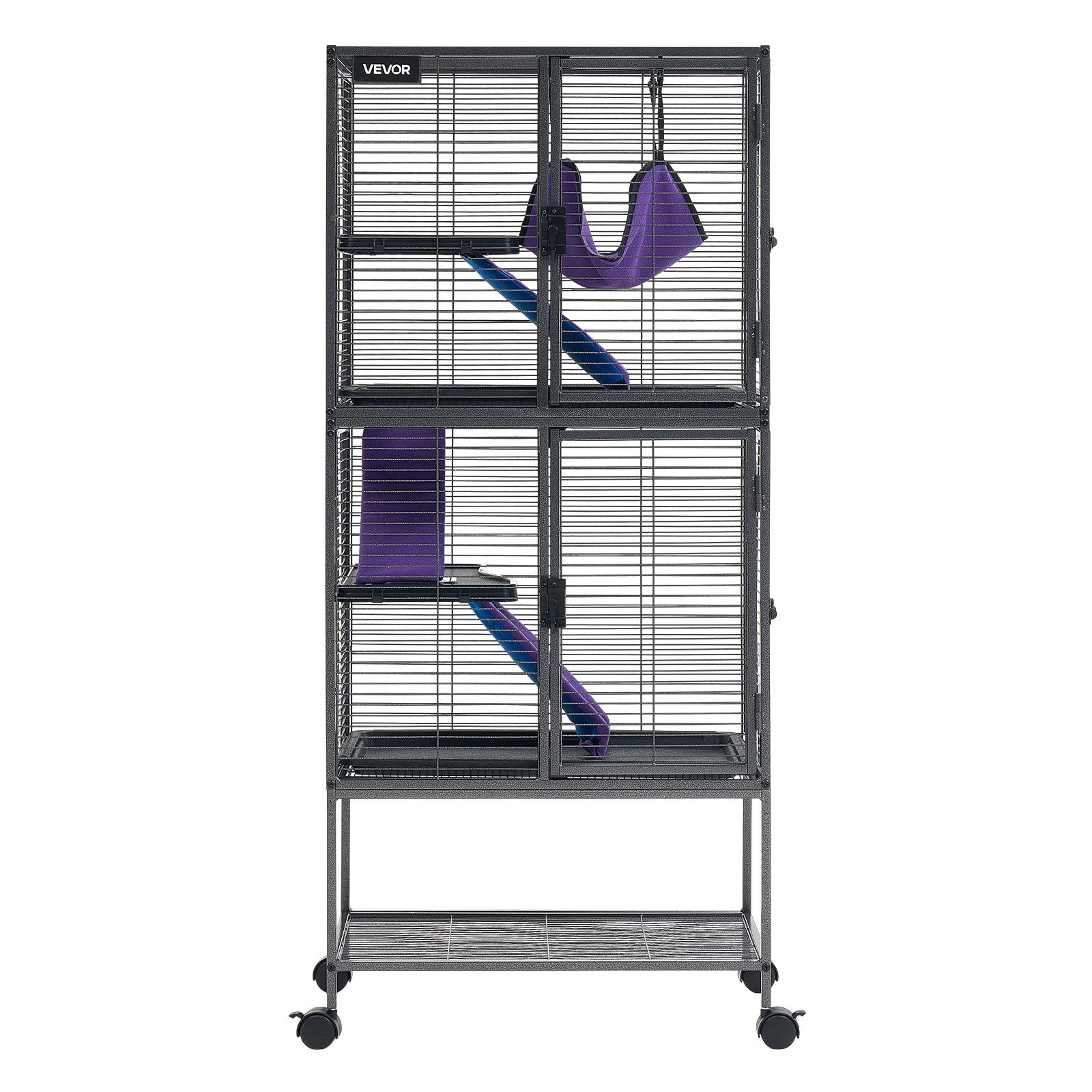 VEVOR Kleine Dierenkooi, Metalen Frettenkooi, Verblijf voor Kleine Dieren, 61x44x138 cm, voor Fretten, Chinchilla's, Vliegende Eekhoorns, Cavia's & Konijnen, 4 Verdiepingen, Draadafstand 13,97 mm, Vergrendelbare Zwenkwielen