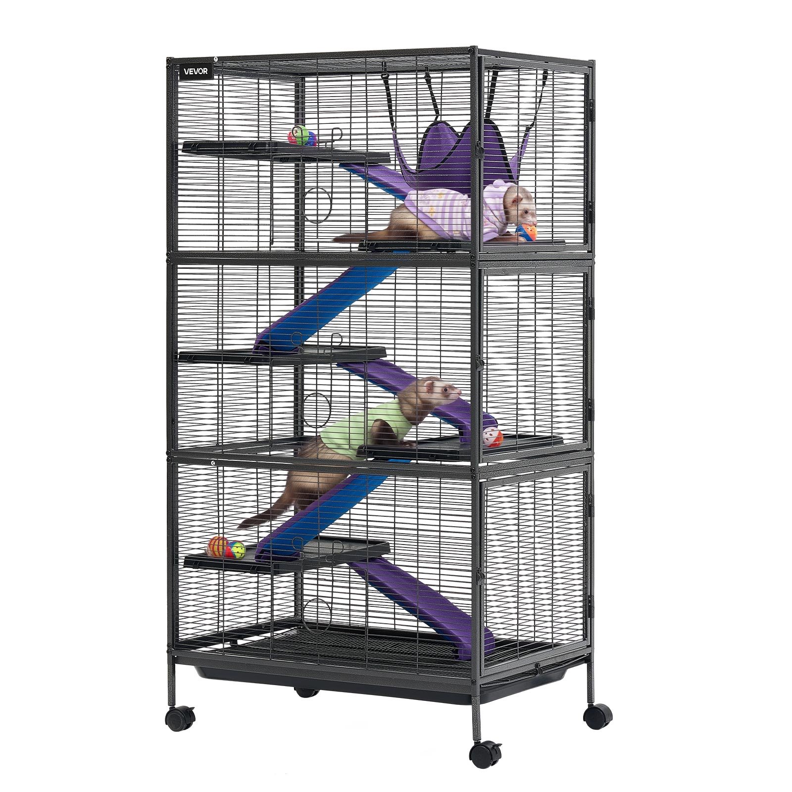 VEVOR Kleine Dierenkooi, Metalen Frettenkooi, Verblijf voor Kleine Dieren, 80x52x149 cm, voor Fretten, Chinchilla's, Vliegende Eekhoorns, Cavia's & Konijnen, 6 Verdiepingen, Draadafstand 13,97 mm, Vergrendelbare Zwenkwielen
