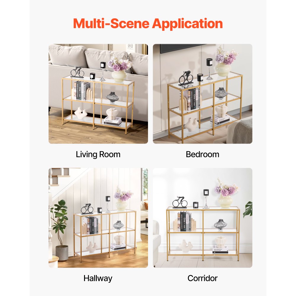 VEVOR 3-Tier Glass Console Table, Modern Rectangle Sofa Side Table with Tempered Glass Top and Iron Legs, Golden Consloe Desk with Anti-Tip Device for Living Room, Hallway, Entryway, Foyer, Golden