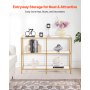 VEVOR 3-Tier Glass Console Table, Modern Rectangle Sofa Side Table with Tempered Glass Top and Iron Legs, Golden Consloe Desk with Anti-Tip Device for Living Room, Hallway, Entryway, Foyer, Golden