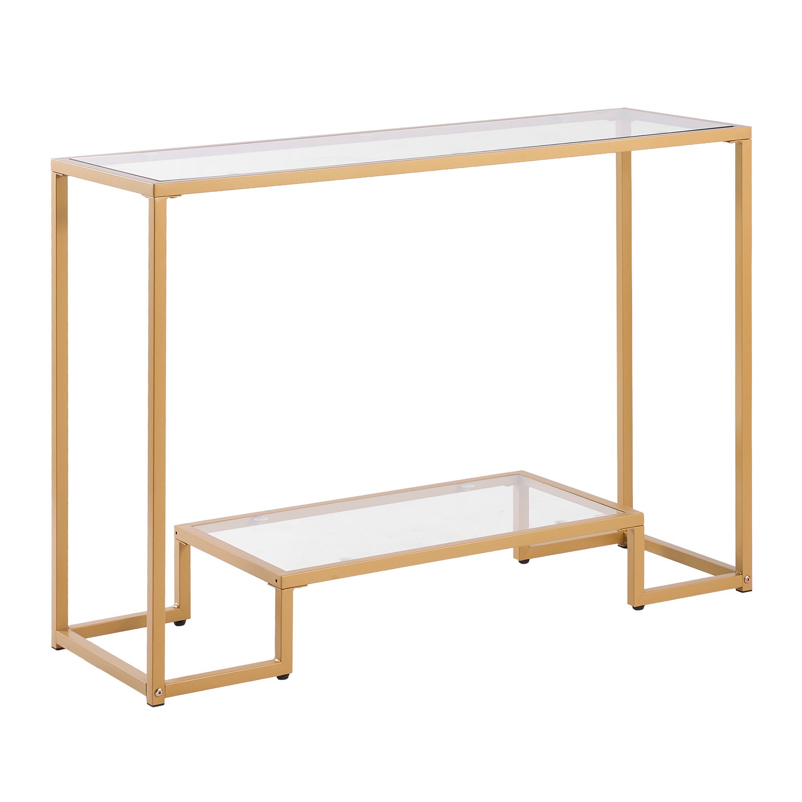VEVOR 2-Tier Glass Console Table, Modern Rectangle Sofa Side Table with Tempered Glass Top and Iron Legs, Golden Consloe Desk with Anti-Tip Device for Living Room, Hallway, Entryway, Foyer, Golden