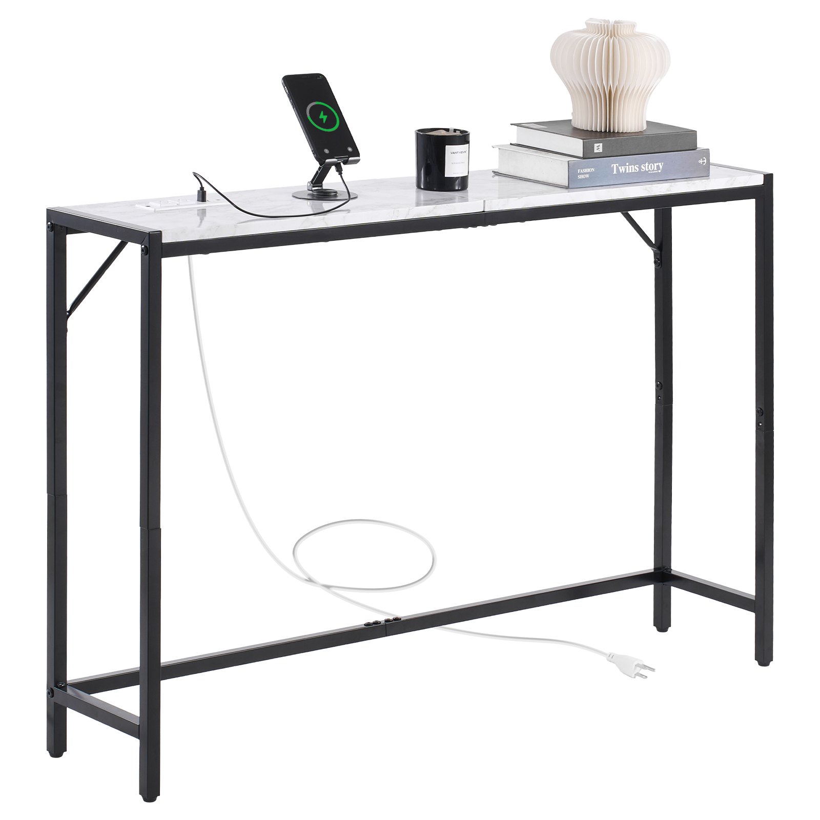 VEVOR Marmeren consoletafel, moderne lange haltafel (110 cm) met stopcontact, dunne bijzettafel met ijzeren buizen, anti-kantel- en driehoekige steun voor woonkamer, hal en entree