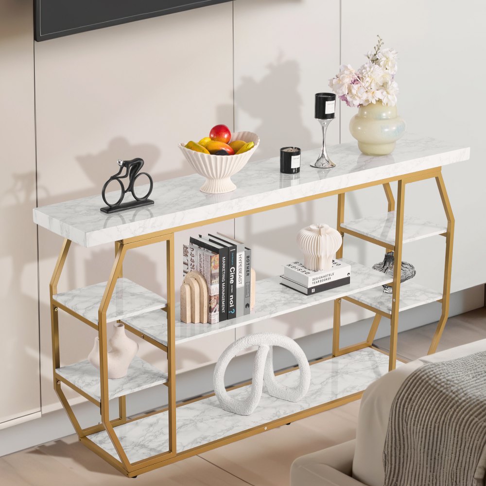 VEVOR Marmeren consoletafel, moderne haltafel met 3 niveaus (180 x 35 x 91 cm) voor open opbergruimte, gouden geometrische tafel met ijzeren buizen, anti-kantel- en driehoekige steun