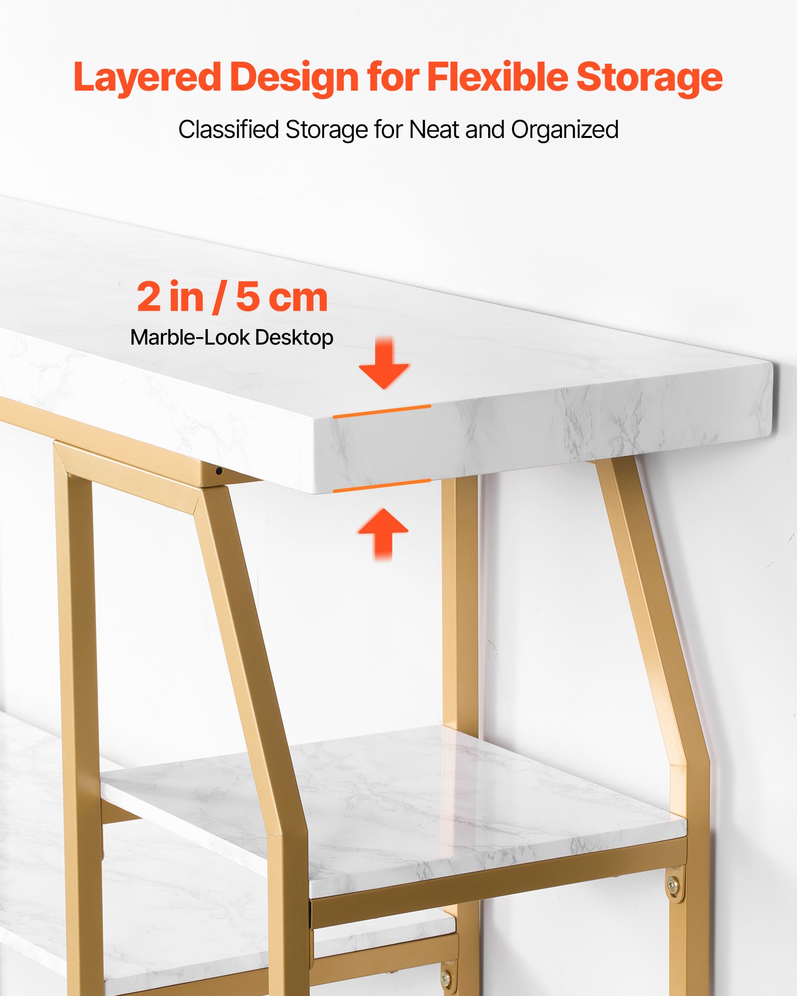 VEVOR Marmeren consoletafel, moderne haltafel met 3 niveaus (180 x 35 x 91 cm) voor open opbergruimte, gouden geometrische tafel met ijzeren buizen, anti-kantel- en driehoekige steun