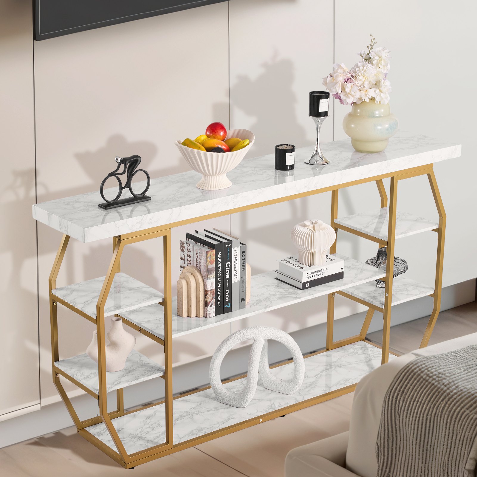 VEVOR Marmeren consoletafel, moderne haltafel met 3 niveaus (180 x 35 x 91 cm) voor open opbergruimte, gouden geometrische tafel met ijzeren buizen, anti-kantel- en driehoekige steun