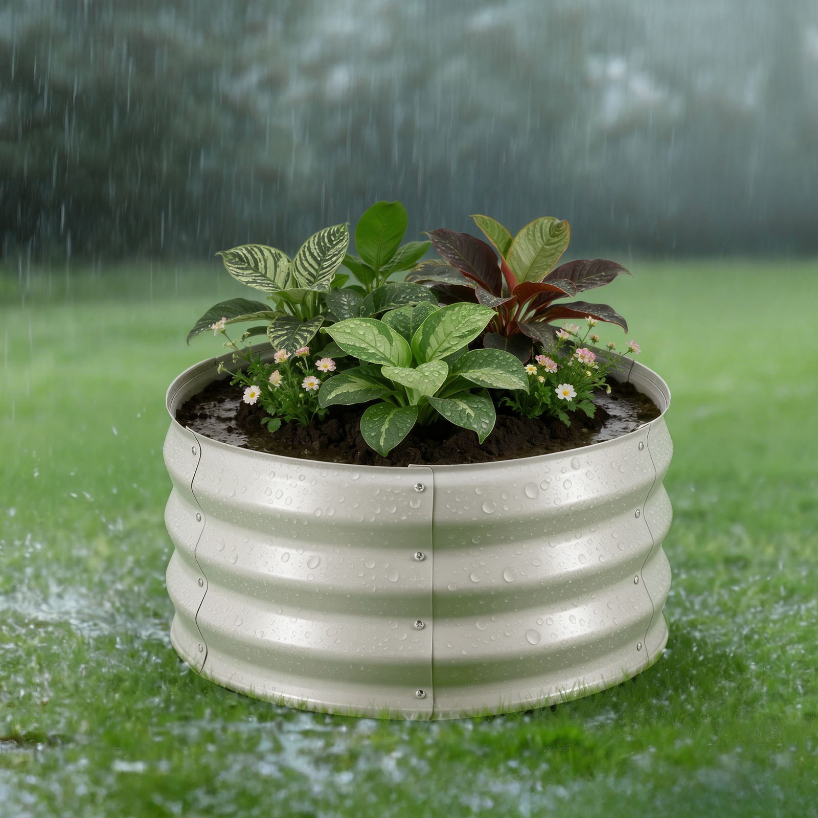 VEVOR 3 Pcs Galvanized Raised Garden Beds, 2 x 2 x 1 ft, Round Metal Planter Boxes Kit Outdoor, Bottomless Elevated Garden Boxes with Gloves, Alu-Zinc, for Planting Flowers Vegetables Herbs, Beige