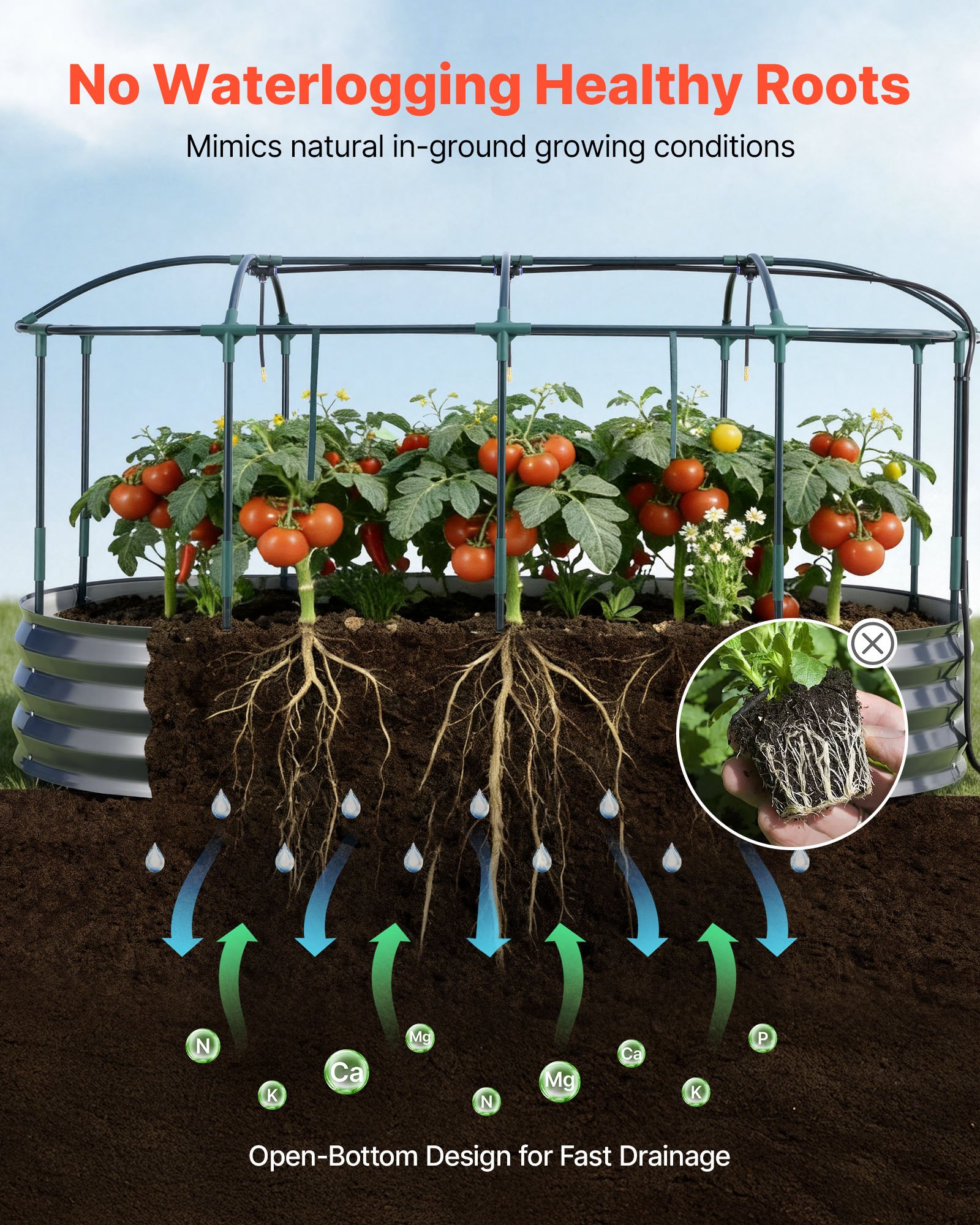 VEVOR Verhoogd Tuinbed 180x90x30 cm, Ovaal Tuinbed met Irrigatiesysteem & Netafdekking, Buitenplantenbakset, Bloembed, Plantbed, Geschikt voor Bloemen, Fruit & Groenten, Donkergrijs