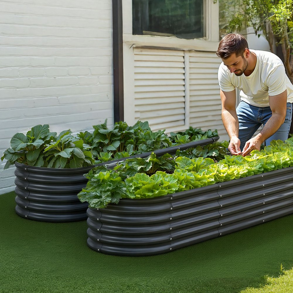 VEVOR Metal Raised Garden Bed, 6.56 x 1.97 x 1.4 ft Oval Outdoor Galvalume Planter Garden Box, Open Bottom Design, Large Planter Raised Bed for Growing Vegetables, Flowers, Succulents, Dark Gray