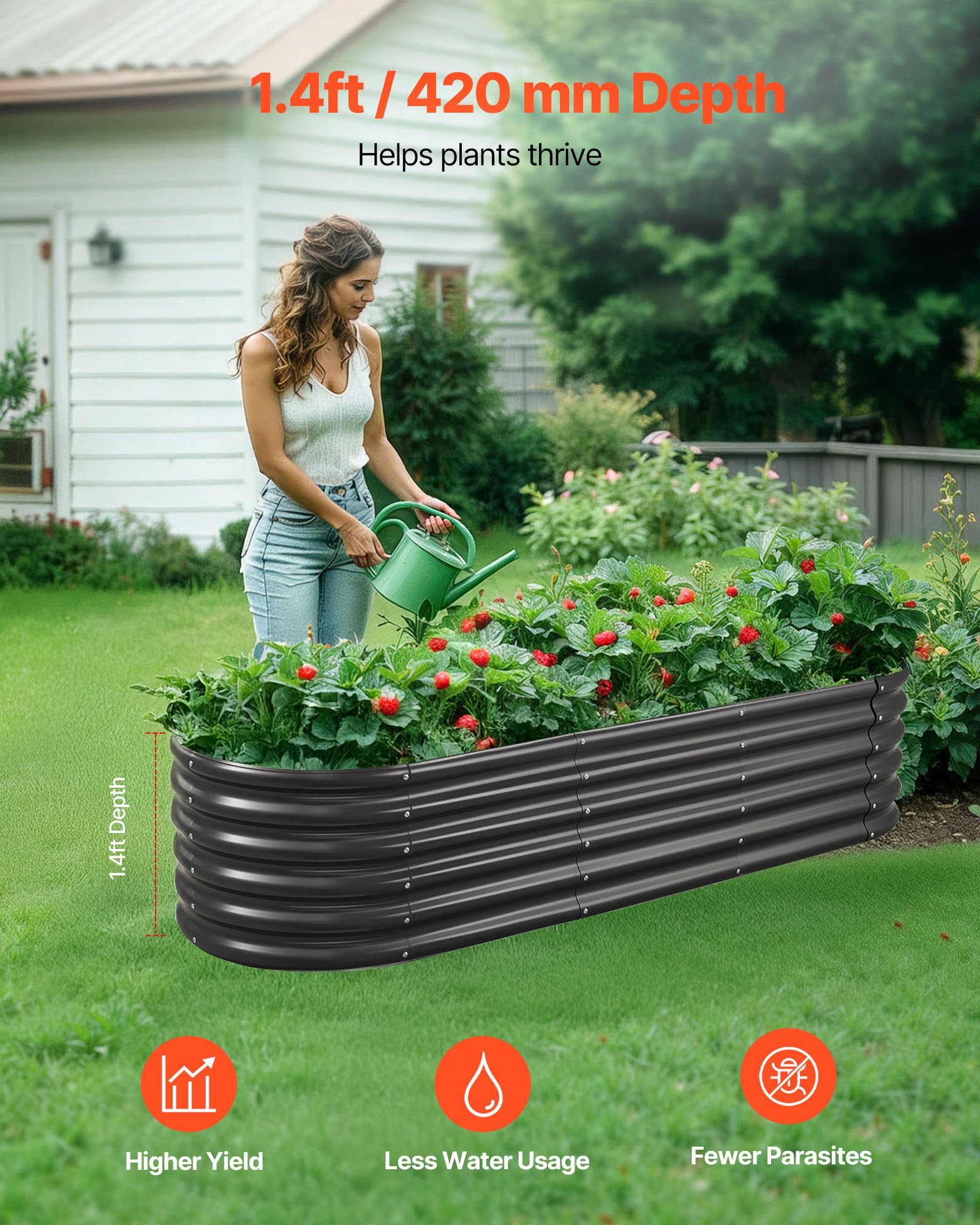 VEVOR Metal Raised Garden Bed, 6.56 x 1.97 x 1.4 ft Oval Outdoor Galvalume Planter Garden Box, Open Bottom Design, Large Planter Raised Bed for Growing Vegetables, Flowers, Succulents, Dark Gray