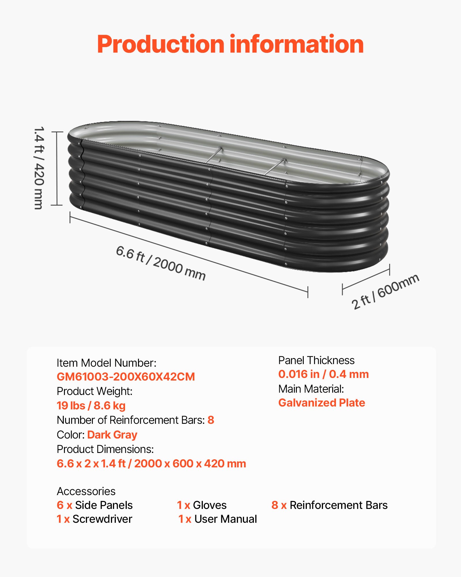 VEVOR Metal Raised Garden Bed, 6.56 x 1.97 x 1.4 ft Oval Outdoor Galvalume Planter Garden Box, Open Bottom Design, Large Planter Raised Bed for Growing Vegetables, Flowers, Succulents, Dark Gray