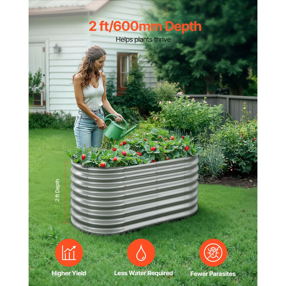 VEVOR Metal Raised Garden Bed, 4 x 2 x 2 ft Oval Outdoor Galvanized Planter Garden Box, Open Bottom Design, Large Planter Raised Bed for Growing Vegetables, Flowers, and Succulents, Galvanized Color