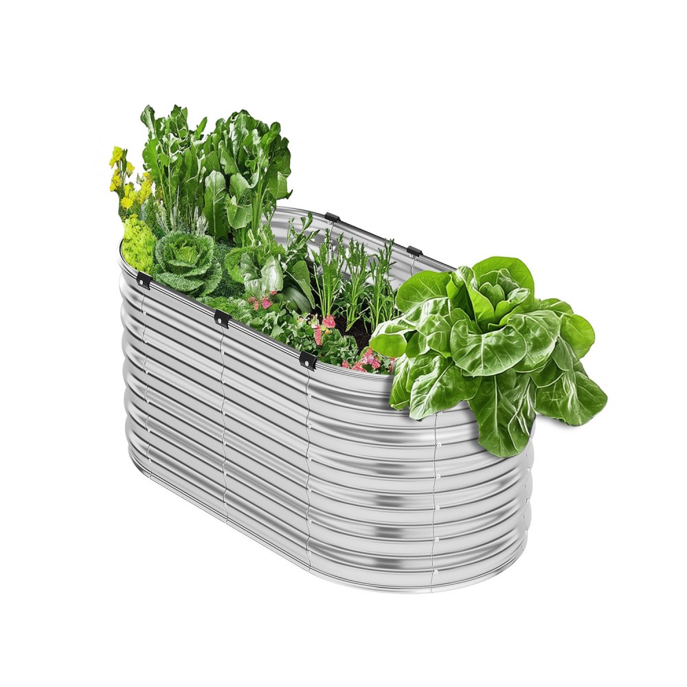 VEVOR Metal Raised Garden Bed, 4 x 2 x 2 ft Outdoor Galvanized Planter Box, with Open Bottom, Large Oval Planter Raised Bed for Gardening Vegetables, Flowers, Herbs, and Succulent Plants, Silver
