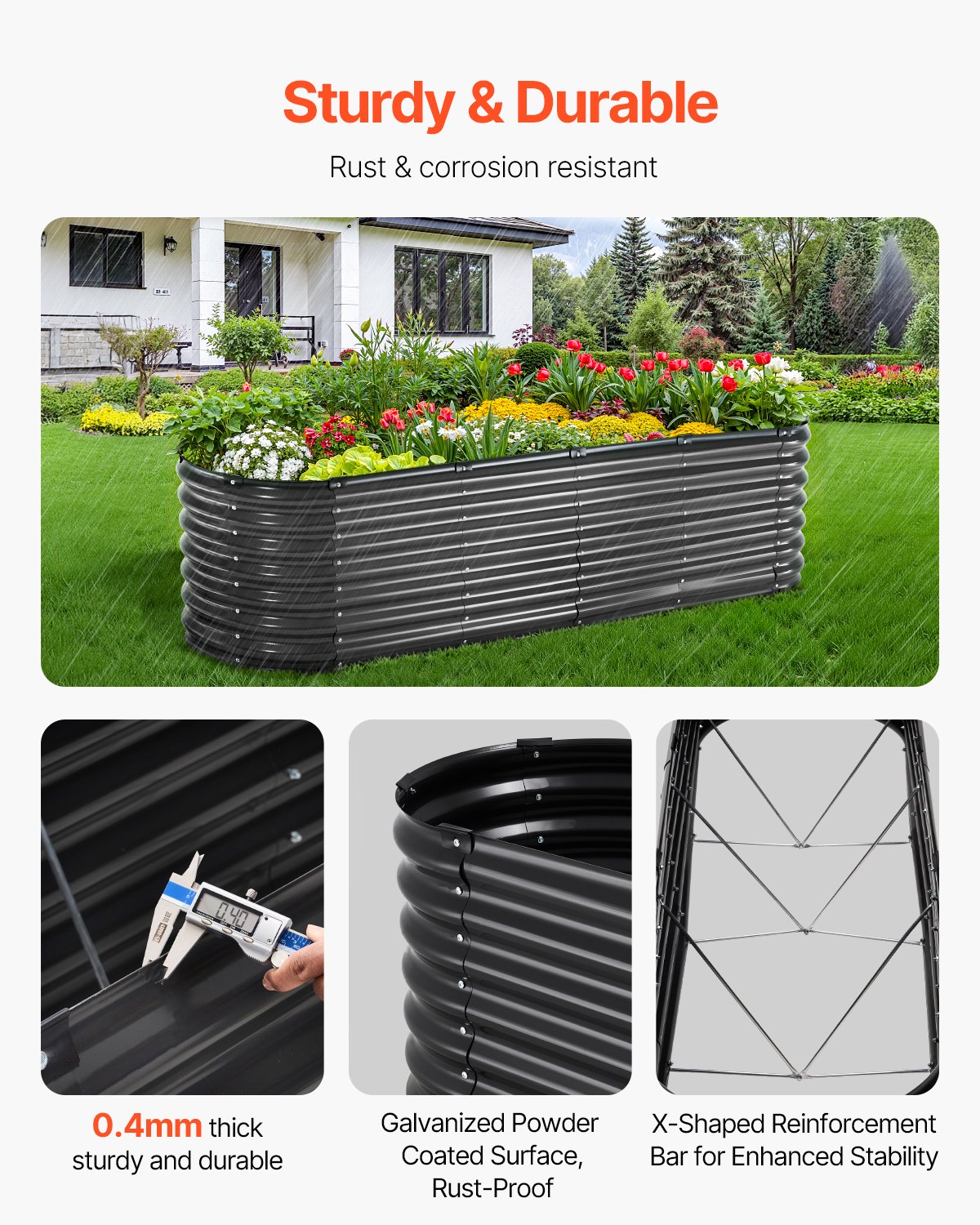 VEVOR metalen verhoogde bak, 240x60x56cm, gegalvaniseerde buitenbak met open bodem, plantbak, ovaal groentebed voor het kweken van groenten, bloemen, kruiden en vetplanten, donkergrijs