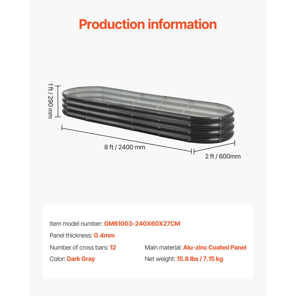 VEVOR Verhoogd Tuinbed, Metaal, 2400x600x290 mm, Plantbed, Groentebed, Plantenbak met Open Bodem & Afgeronde Randen, Bloembed, Kruidenbed, Ideaal voor Groenten, Bloemen, Kruiden & Vetplanten, Ovaal