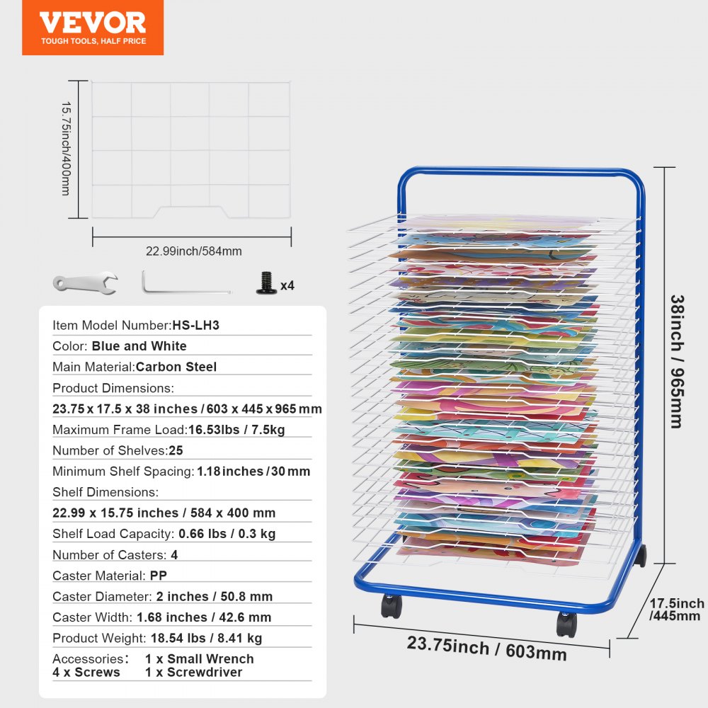 VEVOR Kunstdroogrek met 25 verwijderbare planken (584 x 400 mm) Droogrek met vergrendelbare wielen, koolstofstalen schilderijdroogrek voor kunstwerken in klaslokalen