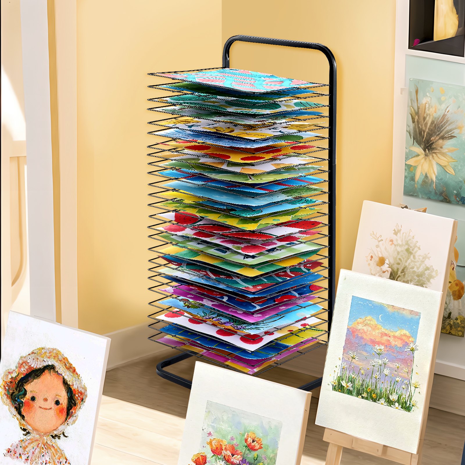 VEVOR Kunstdroogrek met 25 verwijderbare planken (423 x 317 mm) Verfdroogrek met vergrendelbare wielen, koolstofstalen droogrek voor kunstwerken in de klas