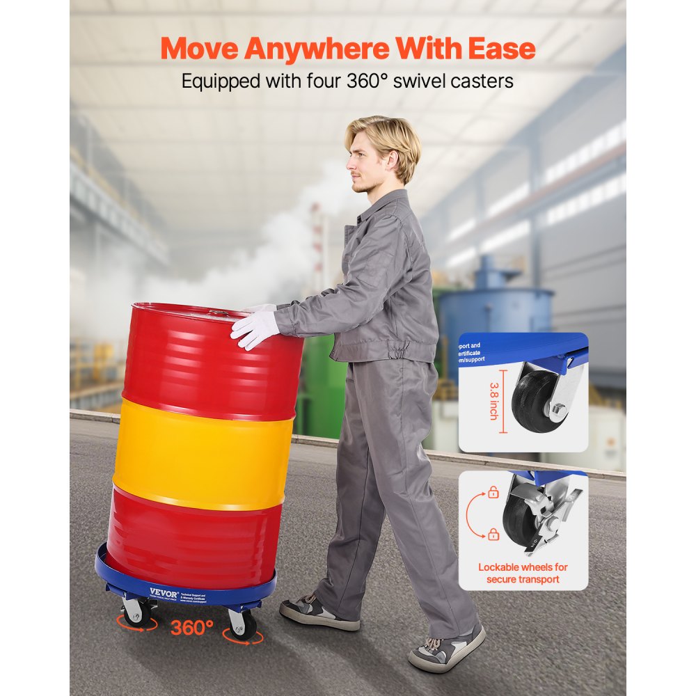 VEVOR Vatenwagen voor 55 gallons, laadvermogen 907 kg, Ø615x188 mm transportwagen met dwarsbalken en 4 zwenkwielen, kantelveilige wagen voor het hanteren van vaten in het magazijn, blauw