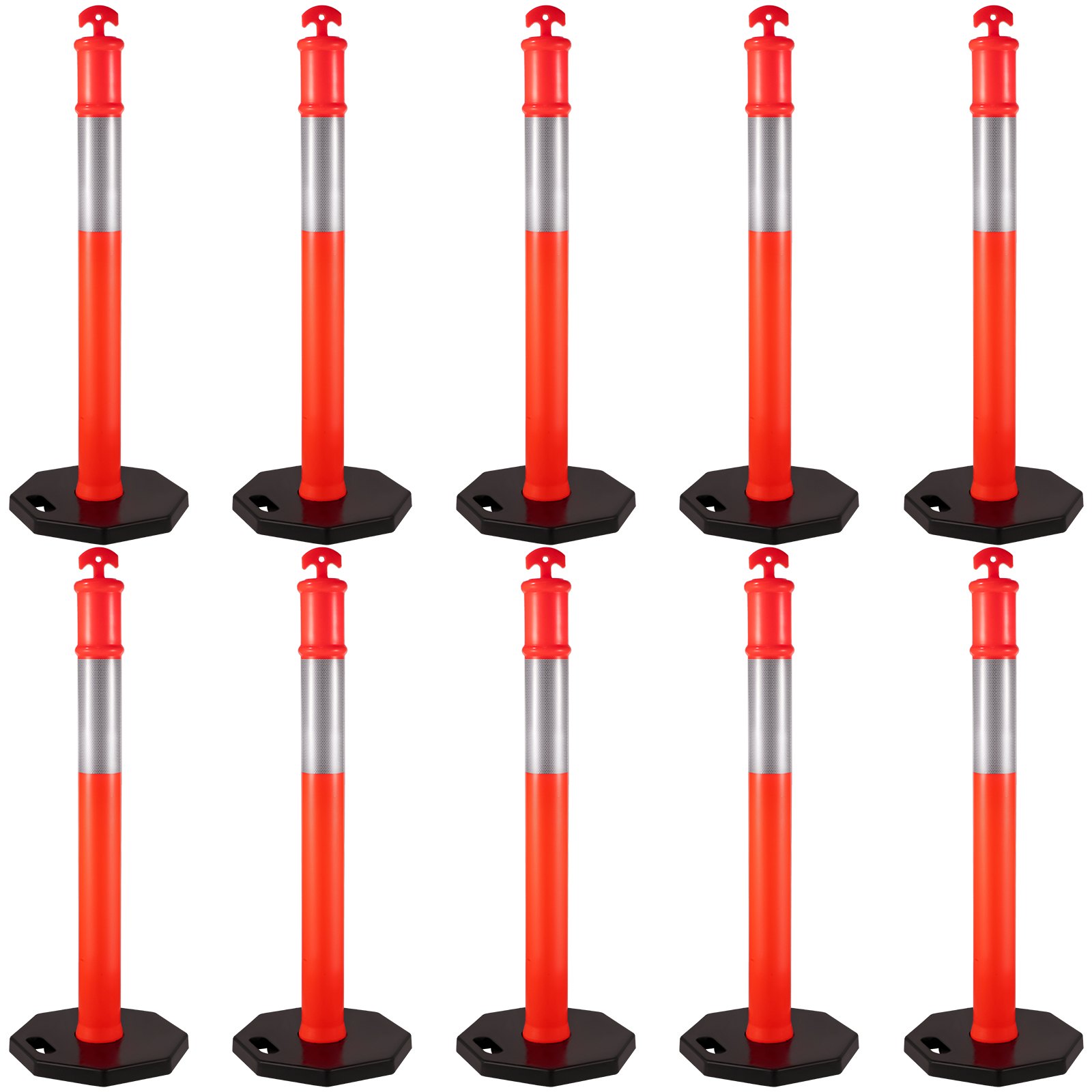 VEVOR Verkeersafbakeningspalen 44 Inch Hoogte Channelizer Kegels Oranje PE Afbakeningspaal Kit 10 inch Reflecterende Band Draagbare Afbakeningspaal met Rubberen Basis, Afbakeningskegels Set van 10