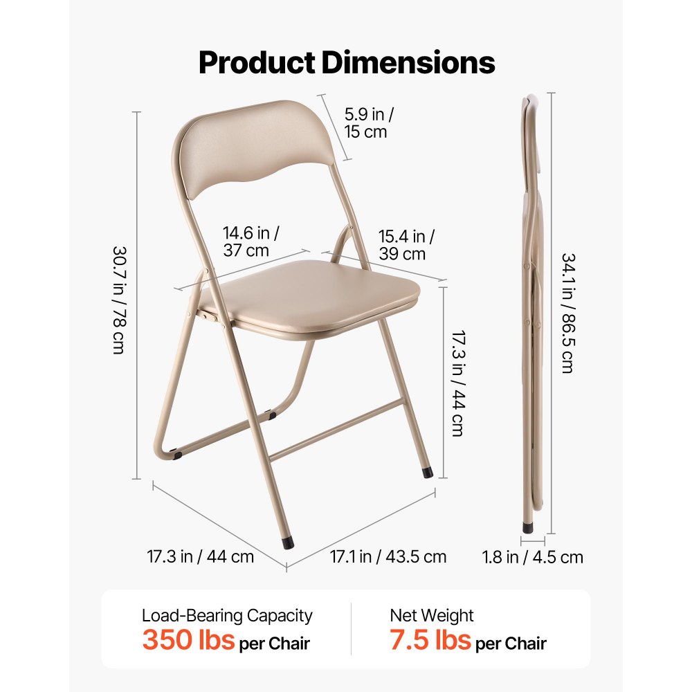 VEVOR 4-pack opvouwbare stoelen, opvouwbare leren stoel, draagbare kampeerstoel met metalen frame en gevoerd kussen, stapelbare stoelen voor binnen- en buitengebruik, opvouwbare stoel voor thuis, tuin, feestjes, kaki