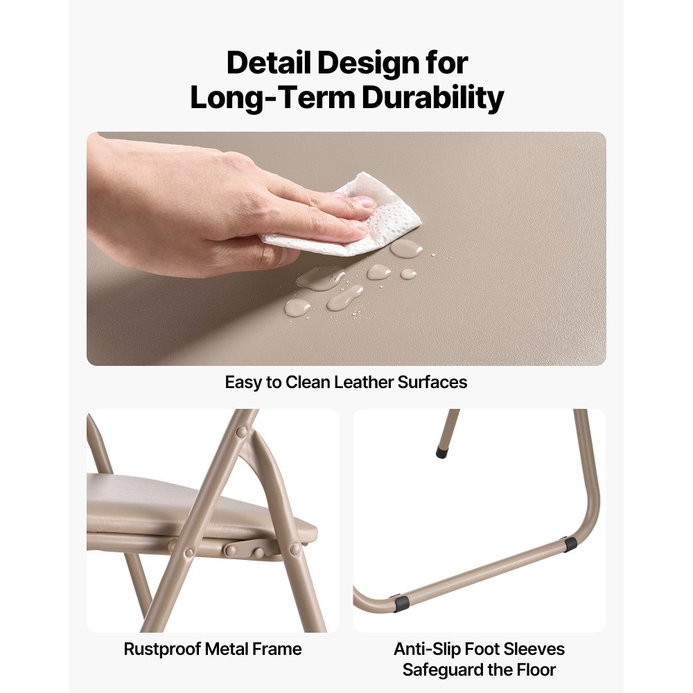 VEVOR 4-pack opvouwbare stoelen, opvouwbare leren stoel, draagbare kampeerstoel met metalen frame en gevoerd kussen, stapelbare stoelen voor binnen- en buitengebruik, opvouwbare stoel voor thuis, tuin, feestjes, kaki