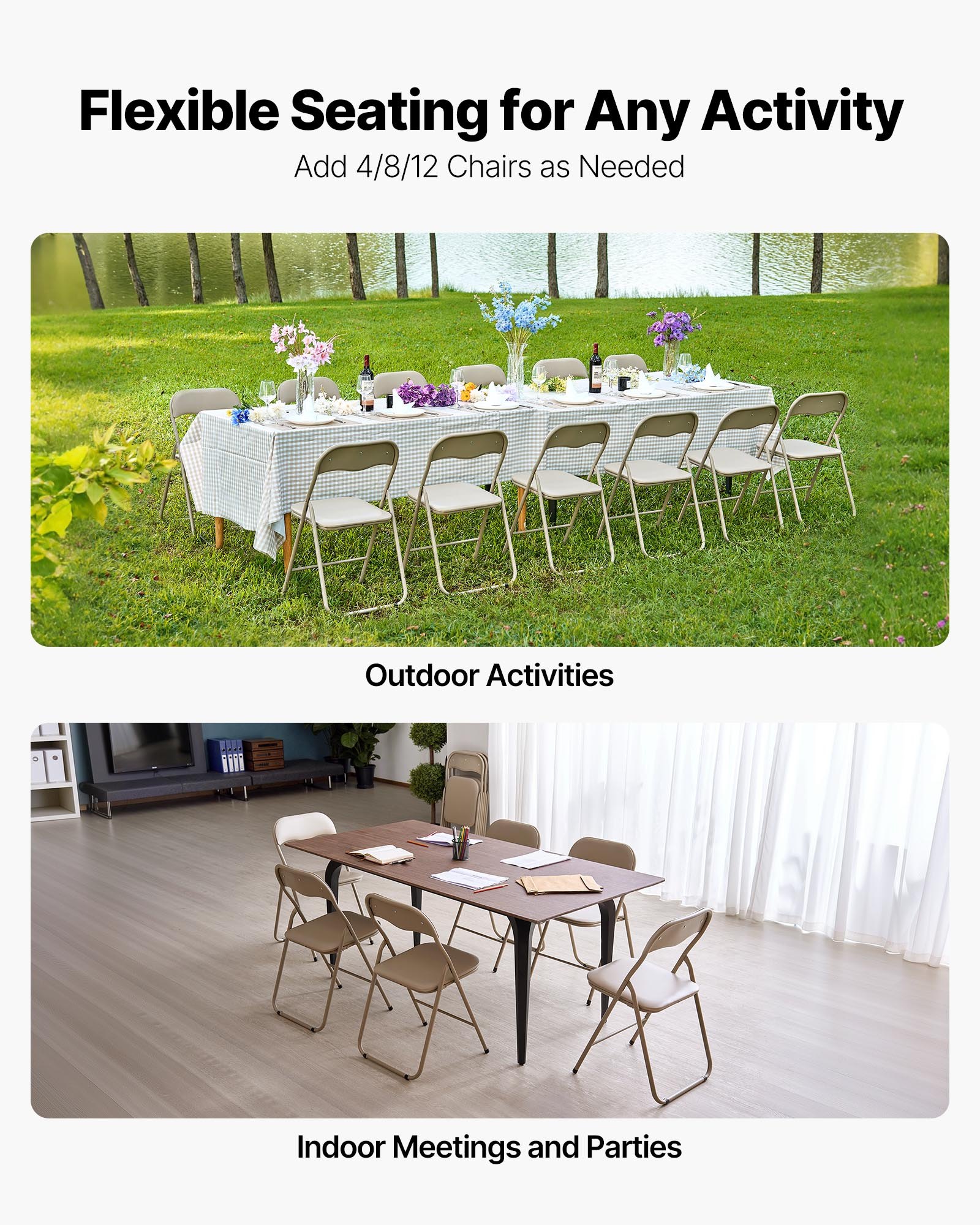 VEVOR 4-pack opvouwbare stoelen, opvouwbare leren stoel, draagbare kampeerstoel met metalen frame en gevoerd kussen, stapelbare stoelen voor binnen- en buitengebruik, opvouwbare stoel voor thuis, tuin, feestjes, kaki