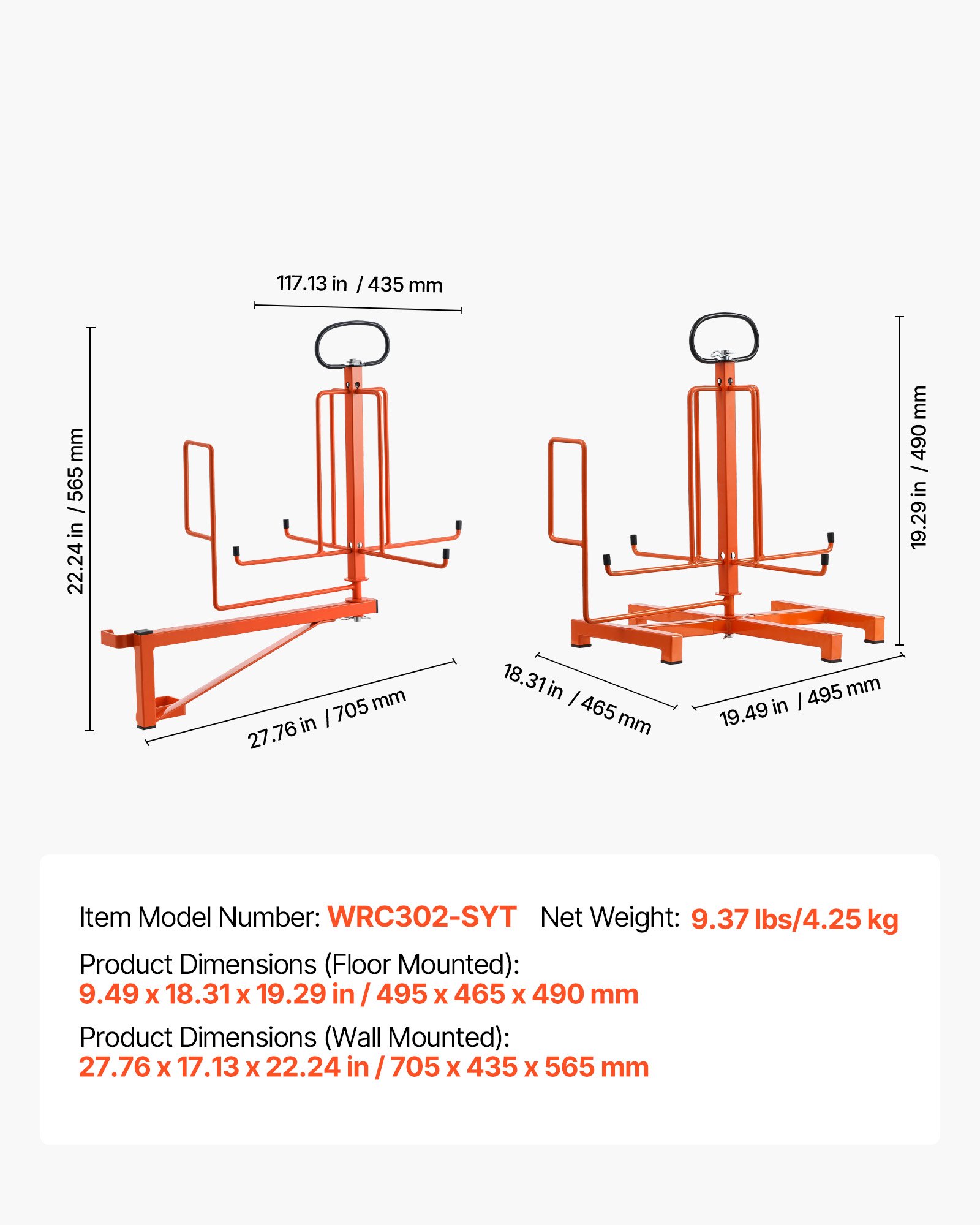 VEVOR Draadspoelhouder, vloer- of wandmontage (45/22,7 kg), kabelspoeldispenser, draagbare draadspoel met handvat, draaibaar oog, voor kabeltransport onder verschillende omstandigheden